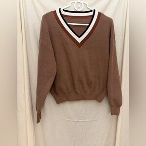 SHEIN Brown V-Neck Knit Sweater with Black and White Trim M